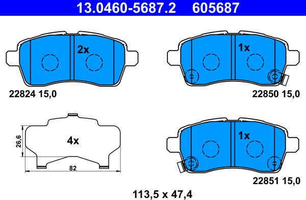 ATE 13.0460-5687.2 - Тормозные колодки, дисковые, комплект parts5.com