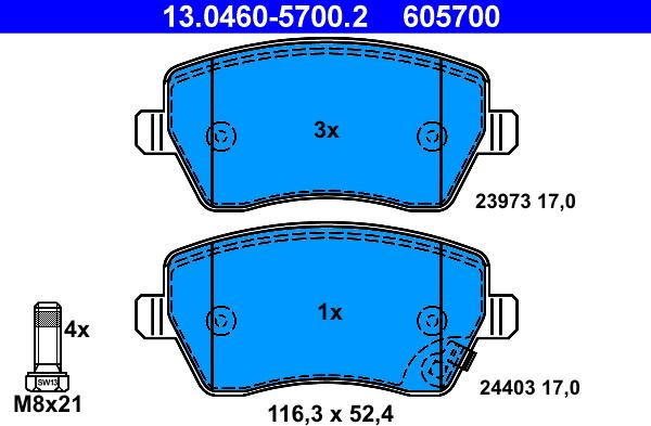 ATE 13.0460-5700.2 - Тормозные колодки, дисковые, комплект parts5.com