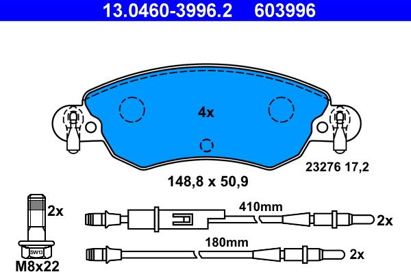 ATE 13.0460-3996.2 - Тормозные колодки, дисковые, комплект parts5.com