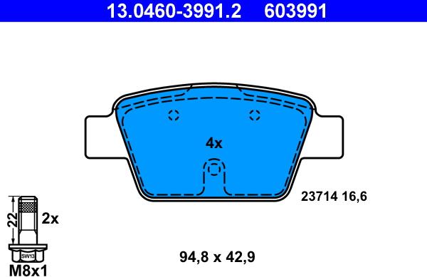 ATE 13.0460-3991.2 - Тормозные колодки, дисковые, комплект parts5.com