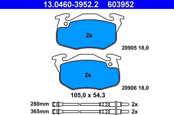 ATE 13.0460-3952.2 - Тормозные колодки, дисковые, комплект parts5.com