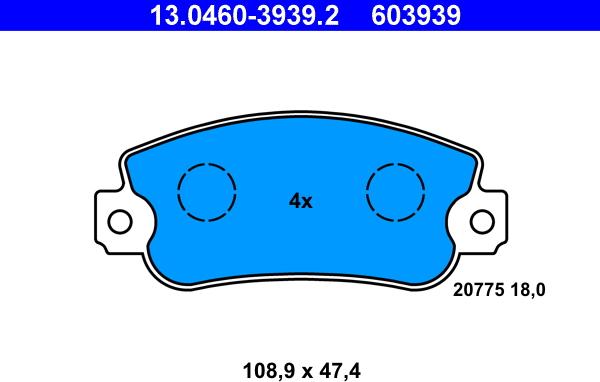 ATE 13.0460-3939.2 - Тормозные колодки, дисковые, комплект parts5.com