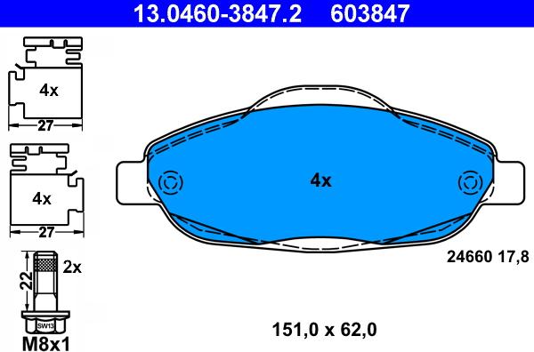 ATE 13.0460-3847.2 - Тормозные колодки, дисковые, комплект parts5.com