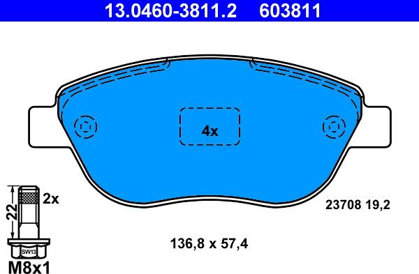 ATE 13.0460-3811.2 - Тормозные колодки, дисковые, комплект parts5.com