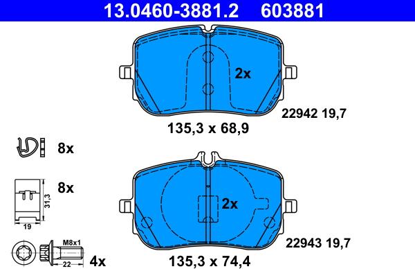 ATE 13.0460-3881.2 - Тормозные колодки, дисковые, комплект parts5.com