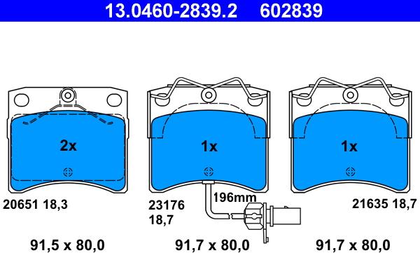 ATE 13.0460-2839.2 - Тормозные колодки, дисковые, комплект parts5.com