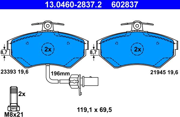 ATE 13.0460-2837.2 - Тормозные колодки, дисковые, комплект parts5.com