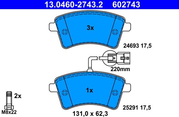 ATE 13.0460-2743.2 - Тормозные колодки, дисковые, комплект parts5.com