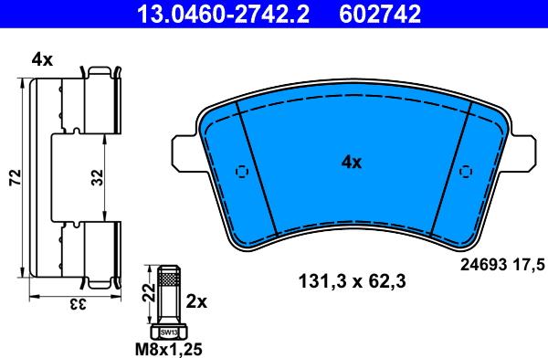 ATE 13.0460-2742.2 - Тормозные колодки, дисковые, комплект parts5.com