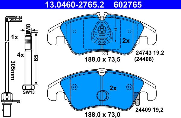 ATE 13.0460-2765.2 - Тормозные колодки, дисковые, комплект parts5.com