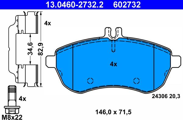 ATE 13.0460-2732.2 - Тормозные колодки, дисковые, комплект parts5.com