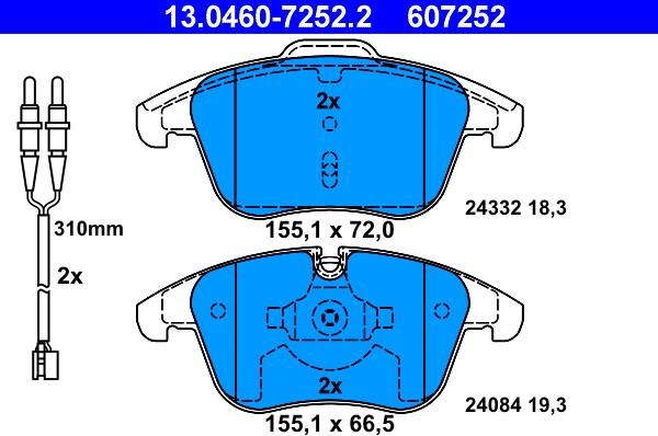 ATE 13.0460-7252.2 - Тормозные колодки, дисковые, комплект parts5.com