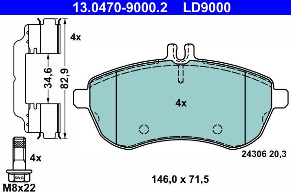 ATE 13.0470-9000.2 - Тормозные колодки, дисковые, комплект parts5.com