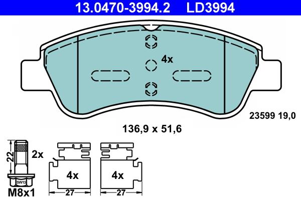 ATE 13.0470-3994.2 - Тормозные колодки, дисковые, комплект parts5.com