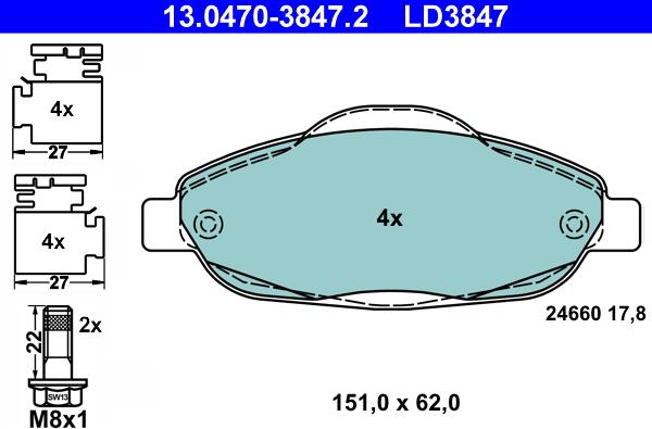 ATE 13.0470-3847.2 - Тормозные колодки, дисковые, комплект parts5.com