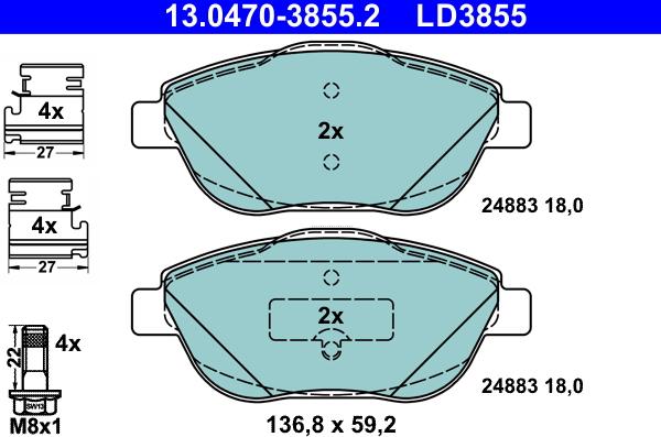 ATE 13.0470-3855.2 - Тормозные колодки, дисковые, комплект parts5.com