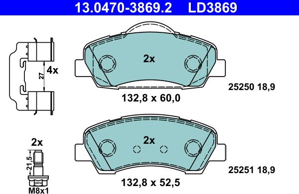 ATE 13.0470-3869.2 - Тормозные колодки, дисковые, комплект parts5.com