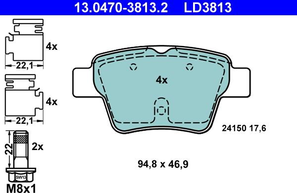 ATE 13.0470-3813.2 - Тормозные колодки, дисковые, комплект parts5.com