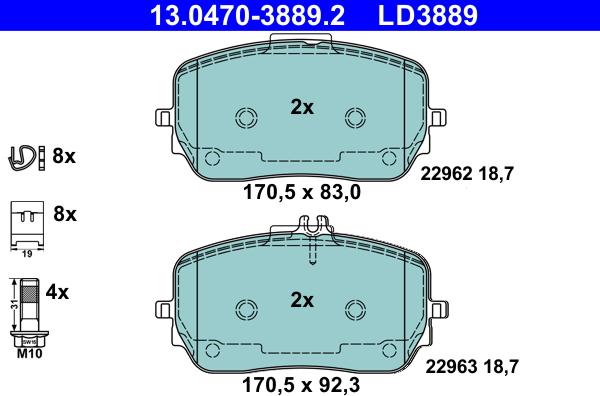 ATE 13.0470-3889.2 - Тормозные колодки, дисковые, комплект parts5.com