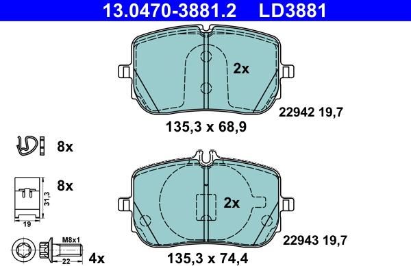 ATE 13.0470-3881.2 - Тормозные колодки, дисковые, комплект parts5.com