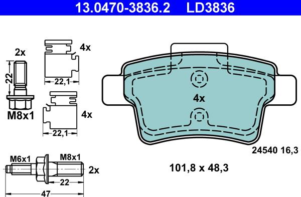 ATE 13.0470-3836.2 - Тормозные колодки, дисковые, комплект parts5.com