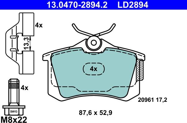 ATE 13.0470-2894.2 - Тормозные колодки, дисковые, комплект parts5.com