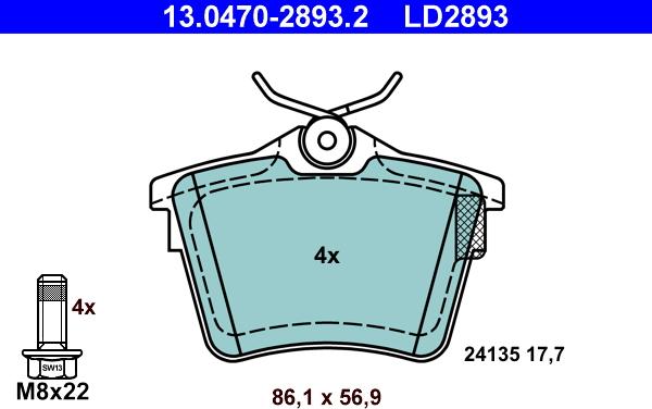 ATE 13.0470-2893.2 - Тормозные колодки, дисковые, комплект parts5.com