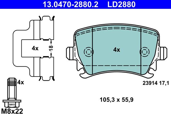 ATE 13.0470-2880.2 - Тормозные колодки, дисковые, комплект parts5.com