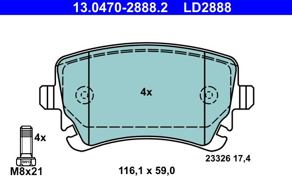 ATE 13.0470-2888.2 - Тормозные колодки, дисковые, комплект parts5.com