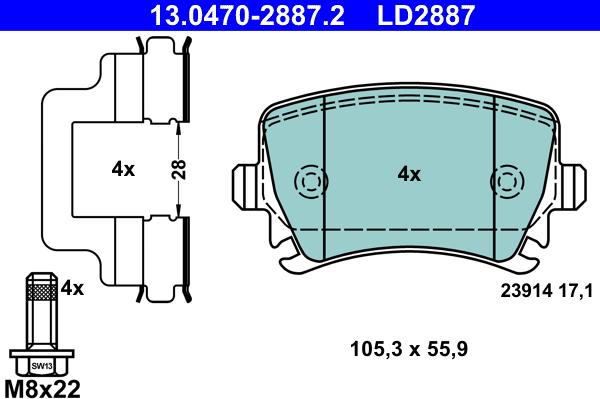 ATE 13.0470-2887.2 - Тормозные колодки, дисковые, комплект parts5.com