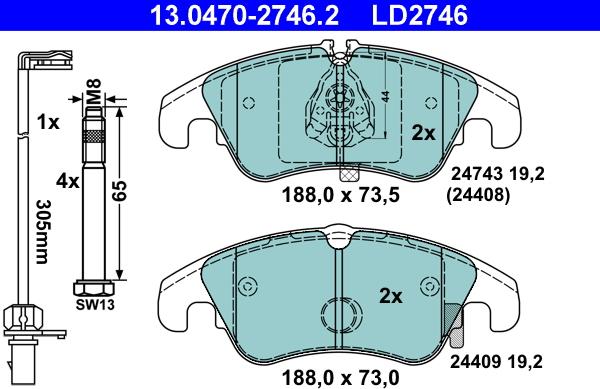 ATE 13.0470-2746.2 - Тормозные колодки, дисковые, комплект parts5.com