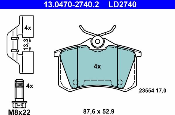 ATE 13.0470-2740.2 - Тормозные колодки, дисковые, комплект parts5.com