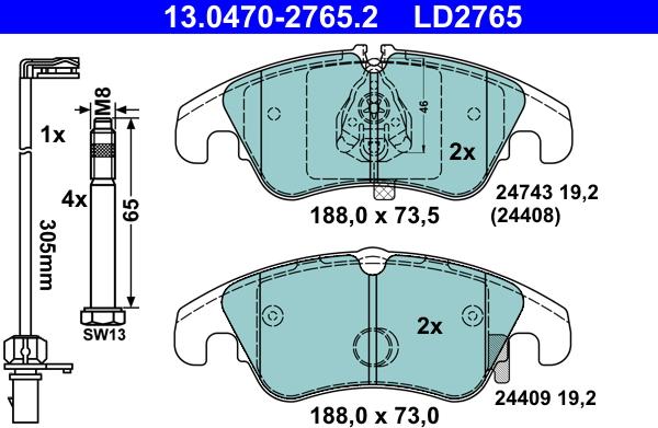 ATE 13.0470-2765.2 - Тормозные колодки, дисковые, комплект parts5.com