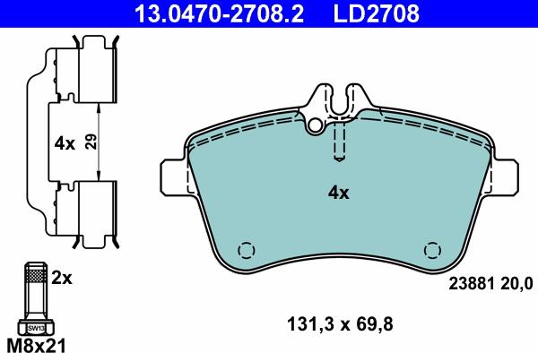 ATE 13.0470-2708.2 - Тормозные колодки, дисковые, комплект parts5.com