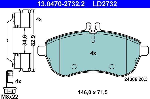 ATE 13.0470-2732.2 - Тормозные колодки, дисковые, комплект parts5.com