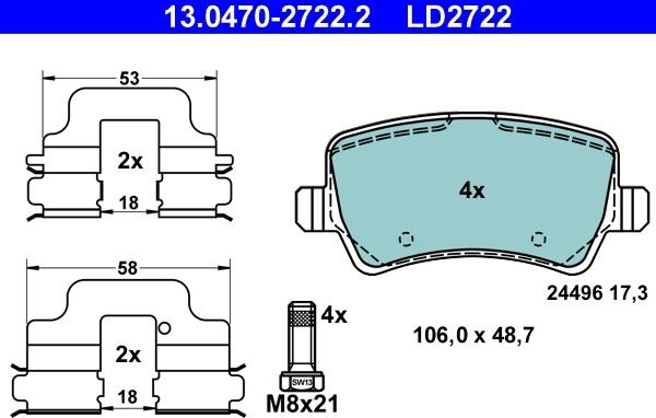 ATE 13.0470-2722.2 - Тормозные колодки, дисковые, комплект parts5.com