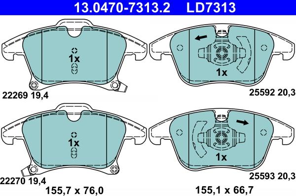 ATE 13.0470-7313.2 - Тормозные колодки, дисковые, комплект parts5.com