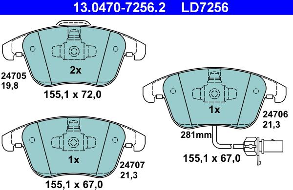 ATE 13.0470-7256.2 - Тормозные колодки, дисковые, комплект parts5.com