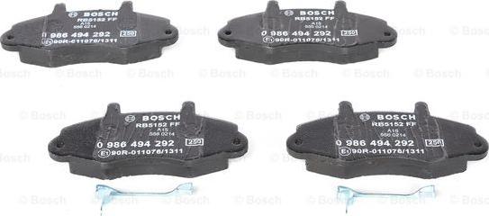 BOSCH 0 986 494 292 - Тормозные колодки, дисковые, комплект parts5.com