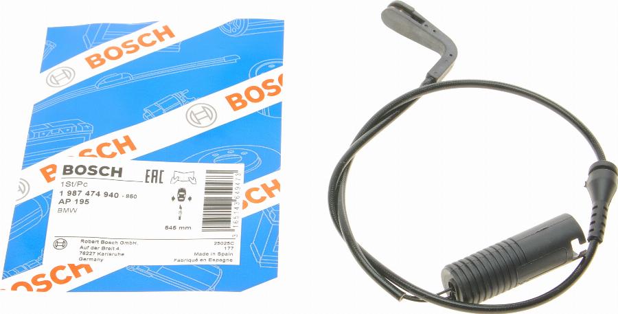 BOSCH 1 987 474 940 - Сигнализатор, износ тормозных колодок parts5.com