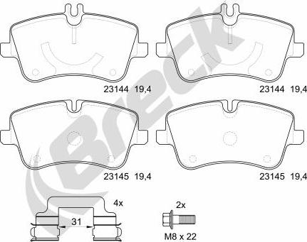 Breck 23144 00 701 20 - Тормозные колодки, дисковые, комплект parts5.com