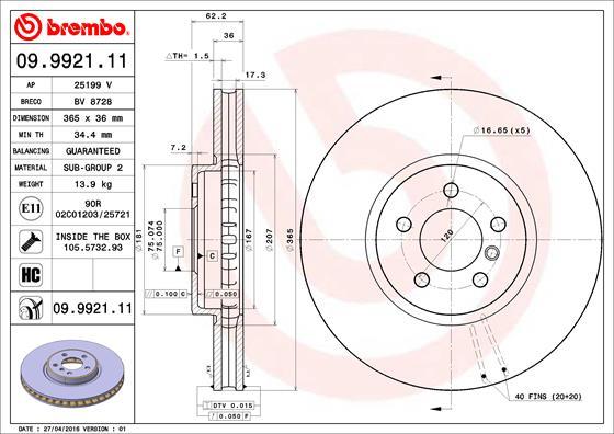 Brembo 09.9921.11 - Тормозной диск parts5.com