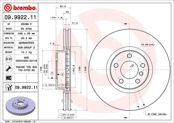 Brembo 09.9922.11 - Тормозной диск parts5.com