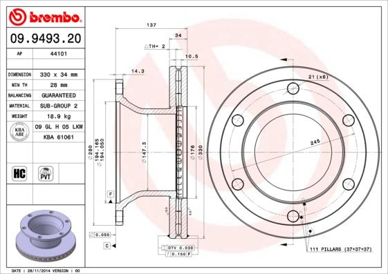 Brembo 09.9493.20 - Тормозной диск parts5.com