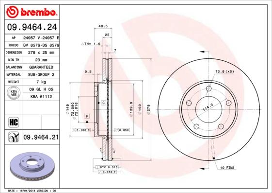 Brembo 09.9464.21 - Тормозной диск parts5.com