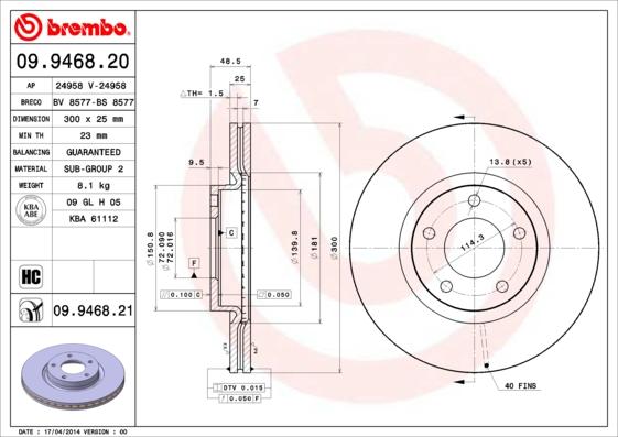 Brembo 09.9468.21 - Тормозной диск parts5.com