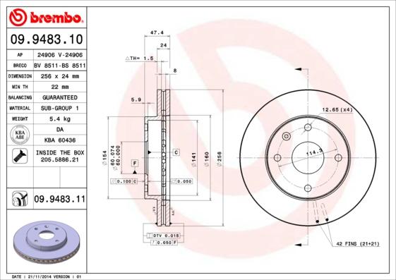 Brembo 09.9483.11 - Тормозной диск parts5.com