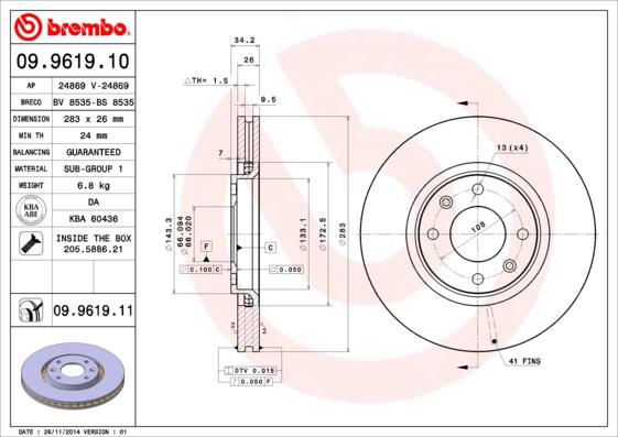 Brembo 09.9619.11 - Тормозной диск parts5.com