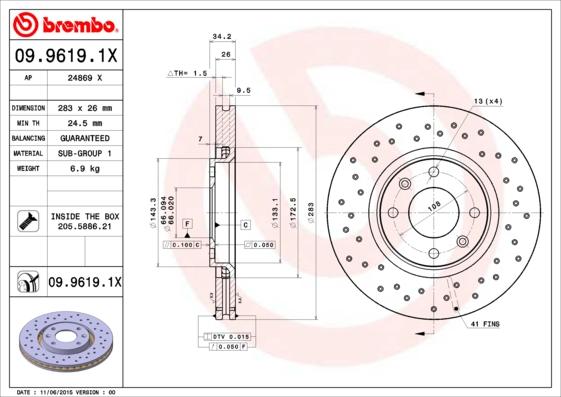 Brembo 09.9619.1X - Тормозной диск parts5.com