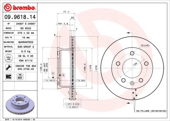 Brembo 09.9618.14 - Тормозной диск parts5.com